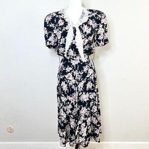 Vintage E.D. Michaels Floral Lace Collar Midi Dress Black Pink USA Made Size 6